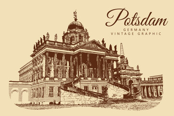 City ancient architecture, Potsdam, Germany. Vintage brown and beige graphics, engraved, vector. Old retro design.