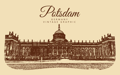 City ancient architecture, Potsdam, Germany. Vintage brown and beige graphics, engraved, vector. Old retro design.