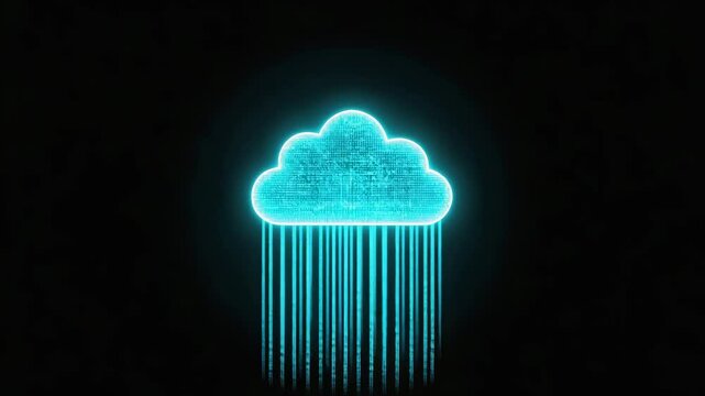 Glowing neon cloud with streaming binary code visualizes modern cloud computing, data transfer, digital storage, and network infrastructure technology.