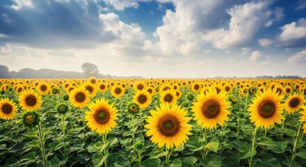 Fototapeta premium Blooming Sunflowers Field Under A Cloudy Sky