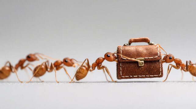 A group of cute ants carrying a briefcase, symbolizing teamwork and business efficiency