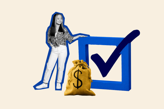 Contemporary artwork collage of happy businesswoman stand checkmark approval symbol dollar bag earnings success transaction - Powered by Adobe