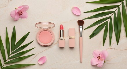 Beauty Products Flat Lay with Tropical Elements