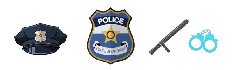 Police Officer Gear Vector Collection - Badge, Hat, Baton & Handcuffs