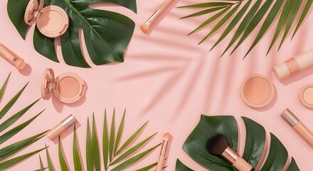 Makeup Products with Tropical Leaves on Pink Background