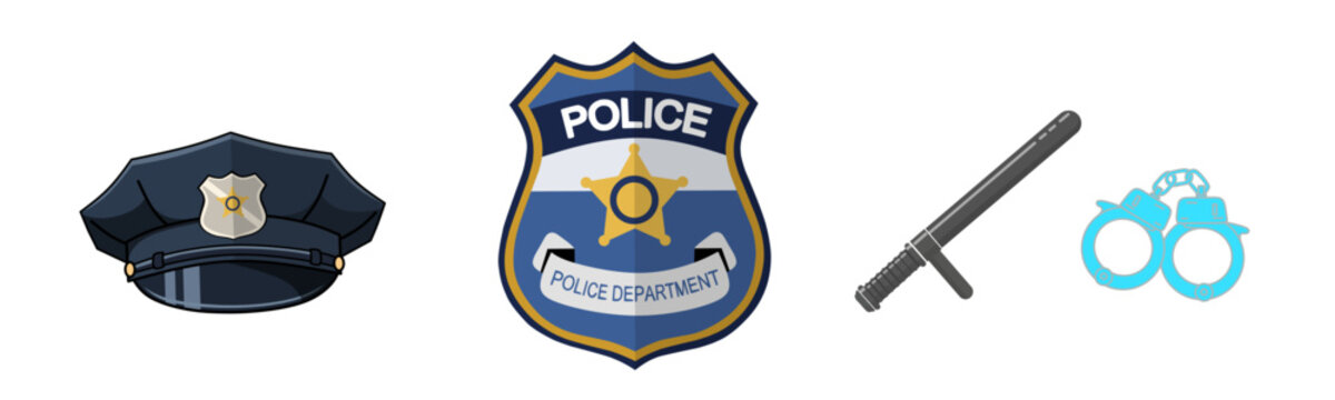Police Equipment Vector Set with Badge Handcuffs and Baton Icons