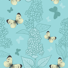 Seamless background pattern of lilac branches with white butterflies. Cabbage butterflies