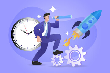 A visionary businessman with a telescope stands on gears and launches a rocket. A vector concept for business growth, strategic planning, startups, and future opportunities.
