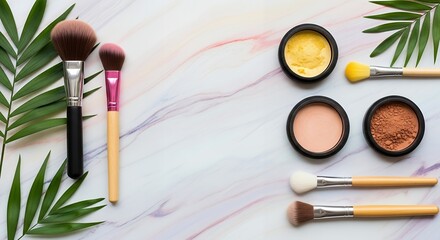Makeup brushes and cosmetics on a pastel