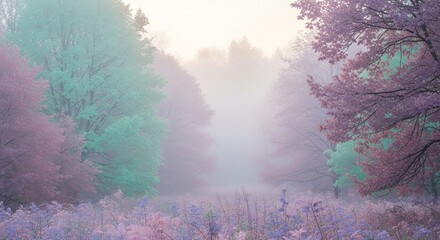 Misty Pastel Landscape with Wildflowers