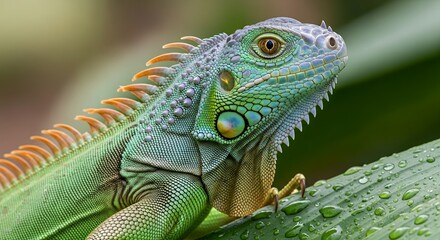 Vibrant Green Iguana on Leaf