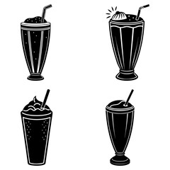 Four black and white milkshake illustrations with straws and different toppings in various glass shapes