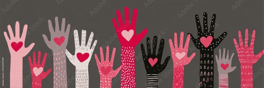 Poster support network illustrated with colorful hands and hearts expressing unity and care among diverse c