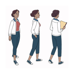 Fototapeta premium Woman in Jacket and Trousers: Three Views of Walking Person