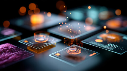 Abstract glowing interface with holographic digital elements floating above dark background in high tech concept