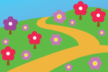 Whimsical Landscape with Winding Path and Cheerful Flowers A Joyful Cartoon Illustration for Childrens Content or Springtime Designs