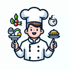 Cartoon chef in whites spins burger and salad food symbols around him