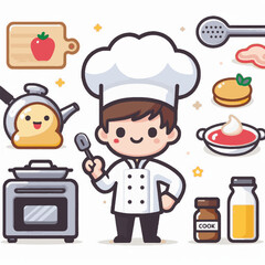 Cartoon chef surrounded by kitchen items including a stove cutting board and ingredients