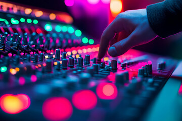 Professional sound engineer adjusting audio mixer in music production studio with vibrant neon lights generative ai