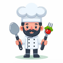 Cartoon chef with chefs hat holds a spoon and fork with a tomato