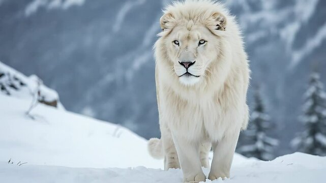 Majestic White Lion Strolling Through Snow-Covered Winter Landscape and Mountain Scenery