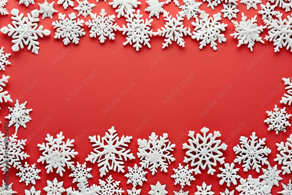 Poster snowflake frame: white snowflakes arranged as a border on a bright red background