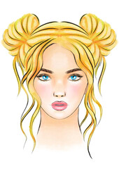 teenage girl with yellow hair, messy buns hairstyle, portrait of a teenager girl hand drawn watercolor fashion illustration png cut out