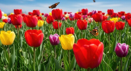 Colorful Tulip Garden Underneath The Bright Sky