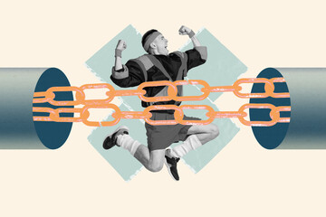 Creative full art image zine collage of dissatisfied man jump freedom imprisonment metal chain trap...