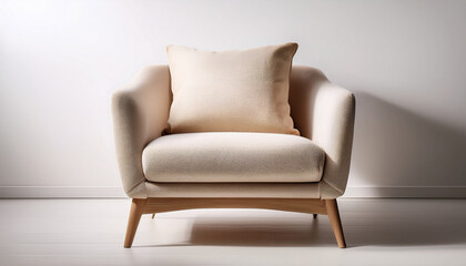a modern beige armchair with a plush cushion set against a minimalist white background