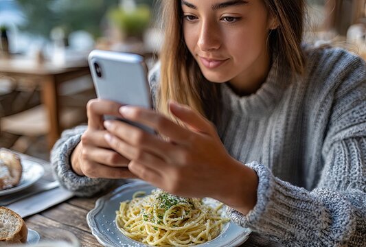 A person taking an overhead photograph of their food on a plate with their smartphone, focusing on making it look delicious and mouthwatering