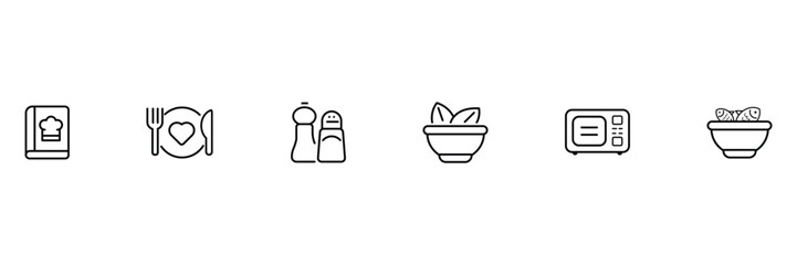 Cooking recipe kitchen herbs microwave bowl meal salt pepper food icon vector illustration for culinary menu preparation design set.
