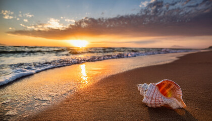 conch seashell on sandy beach at sunset