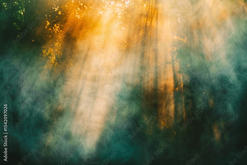 Poster sunlight beams through a misty forest creating an ethereal and calming atmosphere