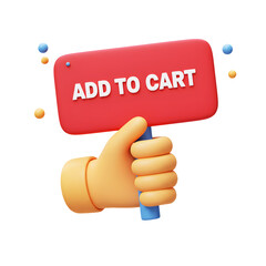3D illustrator add to cart shopping sign held by hand icon on transparency background. for e-commerce, online shopping or marketing concept. 