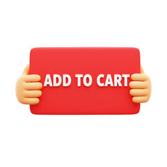 3D illustrator add to cart shopping sign held by hand icon on transparency background. for e-commerce, online shopping or marketing concept. 
