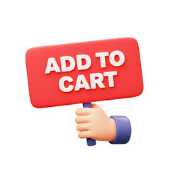 3D illustrator add to cart shopping sign held by hand icon on transparency background. for e-commerce, online shopping or marketing concept. 