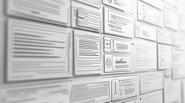 A blurred grayscale image of multiple digital interface panels and charts arranged in a grid, suggesting data analysis or information management.
