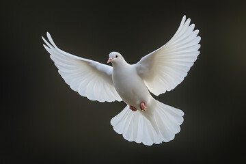 Elegant white dove with wings spread mid-flight against a dark background