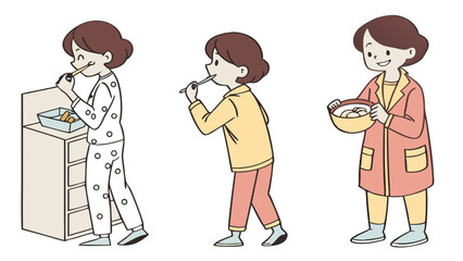 Illustrations depicting a woman in pajamas brushing her teeth and holding a bowl of food in different scenes