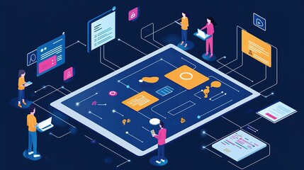 Fototapeta premium Illustration of multiple people interacting with a large digital tablet displaying data and icons connected to various floating information panels.