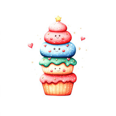 Cute illustration of a stack of colorful cupcakes with smiling faces, hearts, and a star on top, radiating a cheerful and whimsical vibe.