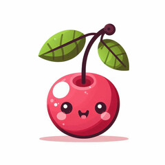 Cartoon cherry with a happy face stem and two green leaves against a white background