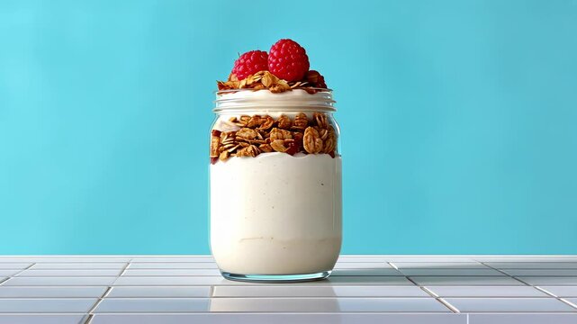 Yogurt parfait with granola and raspberries on a blue background