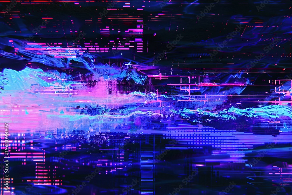 Poster vibrant abstract of interconnected cybernetic data streams and neon digital architecture