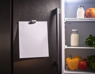 Empty white note taped to a refrigerator door, kitchen background