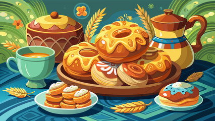 Sweet donuts with colorful glaze served on a wooden tray, accompanied by tea, pastries and a ceramic teapot in a festive decorative setting