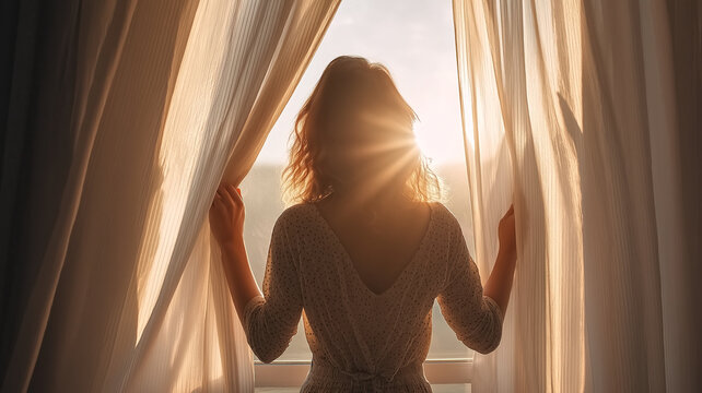 A woman standing by a window, gently opening curtains to let in the morning sunlight. Soft sun rays create a peaceful and hopeful atmosphere