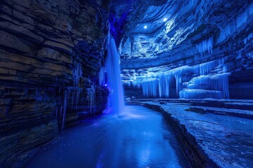 Waterfall flows in a glowing blue cave with icicles hanging on the walls