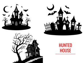A collection of spooky  halloween hunted house silhouette. with  Castle, Moon and Bats vector illustration